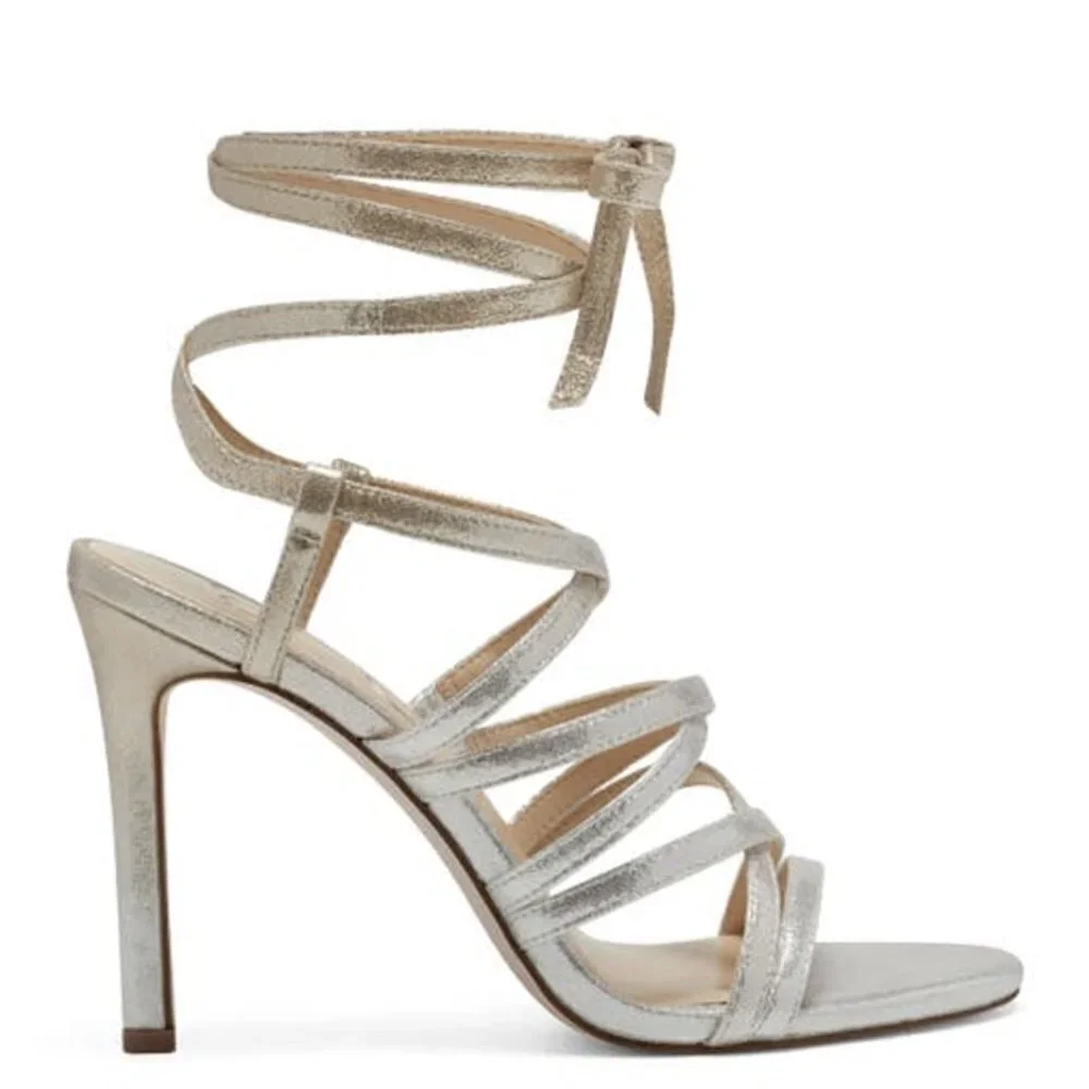 NEW Jessica Simpson Jexilla Champagne Metallic Heel Lace Up Ankle Strap Sandals
